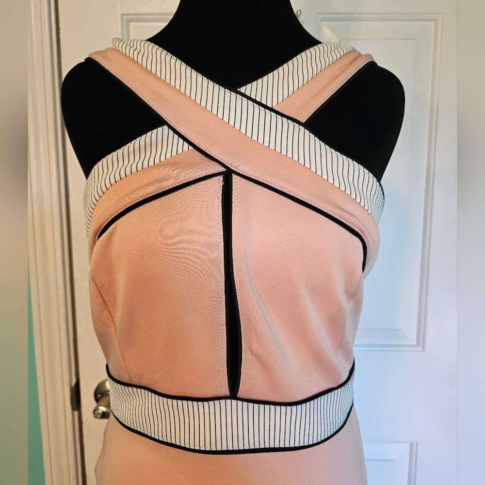 Alt B. Pink Halter Dress with Striped Trim Keyhole Top and Tulip Hem Sz L NWT
